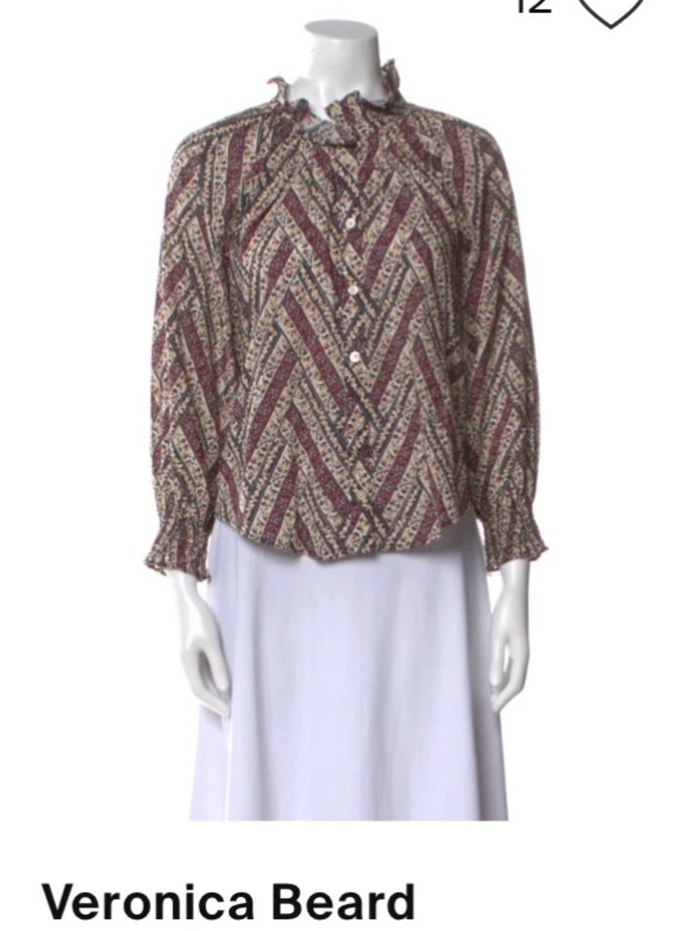 Veronica Beard Burgundy and Cream Chevron-Print Ruffle-Neck Blouse